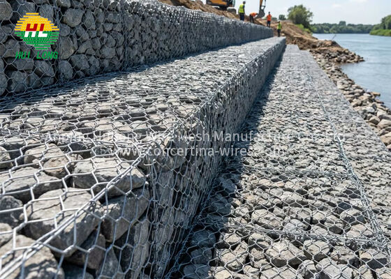 2x1x1m के हेक्सागोनल गैबियन मेश, जो स्टॉक में है, इंजीनियरिंग परियोजनाओं, रिटेनिंग वॉल, ढलान स्थिरीकरण के लिए ट्रिपल टॉर्सियन से बना है